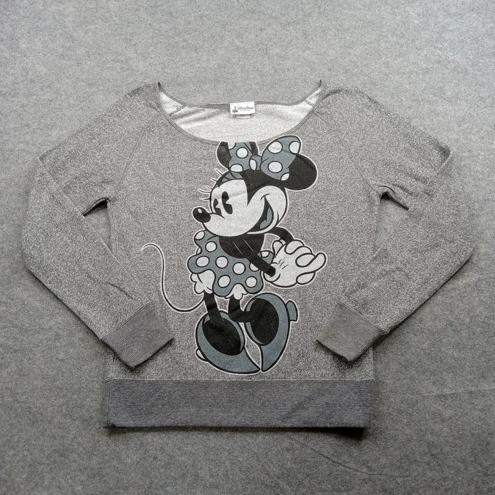 Disney Parks Minnie Mouse‎ Sweater Womens Medium Gray Raglan Pullover Sweatshirt